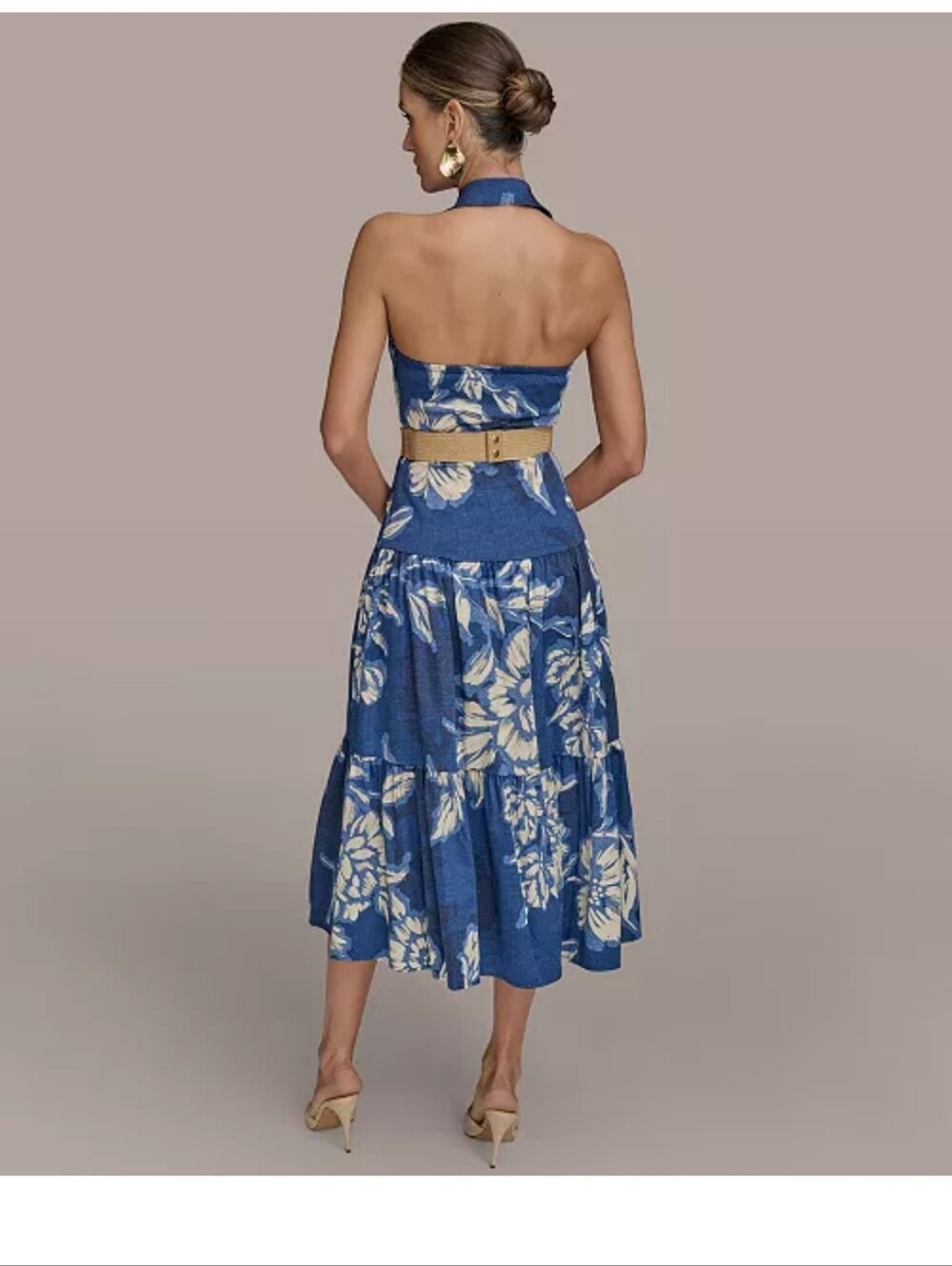 Donna Karan New York Halter Maxi Dress 16 Blue Floral Belted Resort NWT $199 - Picture 2 of 13